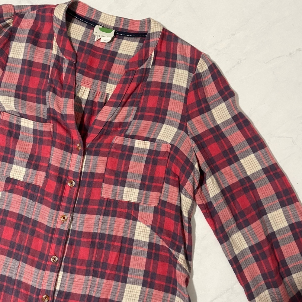 Anthropologie Medford Red White Plaid Button Up Shirt Size 6 Boho Relaxed Casual - Picture 4 of 7